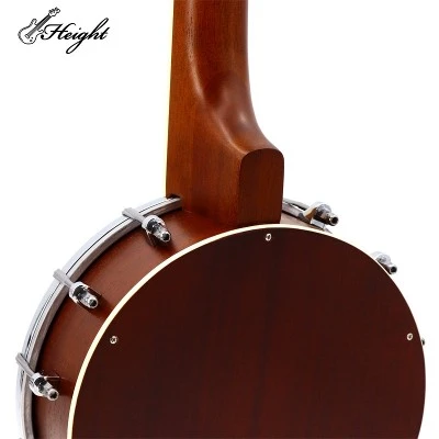 Detailed view of the banjo's back and sides, featuring the laminated sapele wood construction and natural matte finish. Detailed view of the banjo's back and sides, featuring the laminated sapele wood construction and natural matte finish.